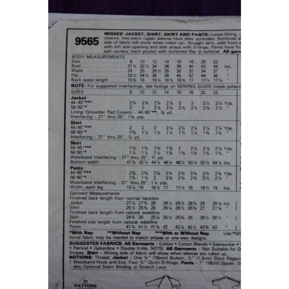 McCalls 9565 Sewing pattern suit blazer shirt skirt pants size 10 - Picture 4 of 6